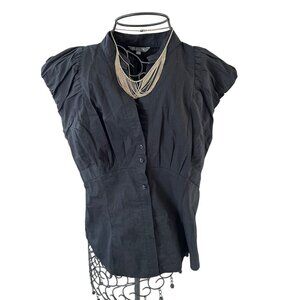Dalia Black Short Sleeve Button-Up Blouse With Ruched Shoulders Size L